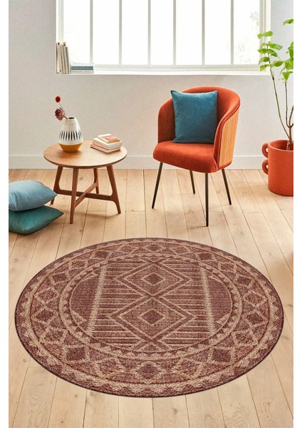 Kilim Desen Baskılı Kaymaz Taban Yıkanabilir Modern Yuvarlak Salon Halısı Y-MODERN-108-BORDO