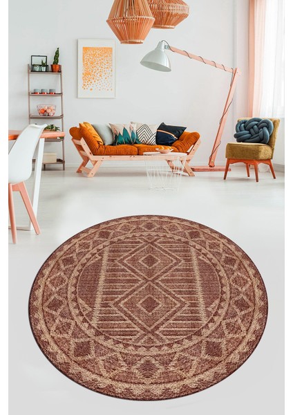 Kilim Desen Baskılı Kaymaz Taban Yıkanabilir Modern Yuvarlak Salon Halısı Y-MODERN-108-BORDO