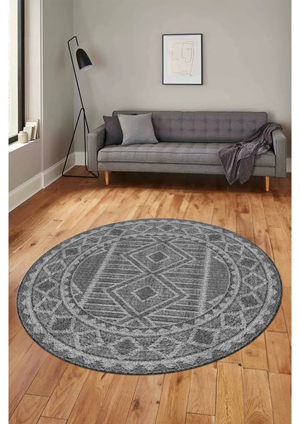 Kilim Desen Baskılı Kaymaz Taban Yıkanabilir Modern Yuvarlak Salon Halısı Y-MODERN-108-GRİ