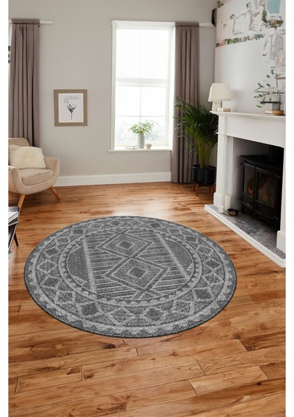 Kilim Desen Baskılı Kaymaz Taban Yıkanabilir Modern Yuvarlak Salon Halısı Y-MODERN-108-GRİ