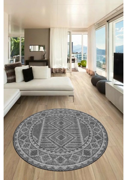 Kilim Desen Baskılı Kaymaz Taban Yıkanabilir Modern Yuvarlak Salon Halısı Y-MODERN-108-GRİ