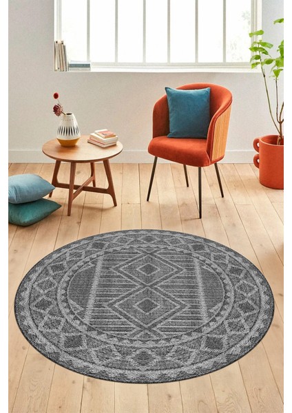 Kilim Desen Baskılı Kaymaz Taban Yıkanabilir Modern Yuvarlak Salon Halısı Y-MODERN-108-GRİ