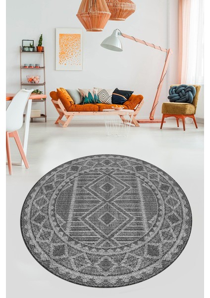Kilim Desen Baskılı Kaymaz Taban Yıkanabilir Modern Yuvarlak Salon Halısı Y-MODERN-108-GRİ