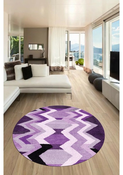 Etnik Modern Desen Dijital Kaymaz Yıkanabilir Yuvarlak Mutfak Salon Halısı Y-Modern-24-Mor