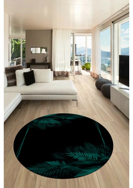 Modern Yaprak Desen Dijital Kaymaz Yıkanabilir Yuvarlak Mutfak Salon Halısı Y-Modern-26-Turkuaz