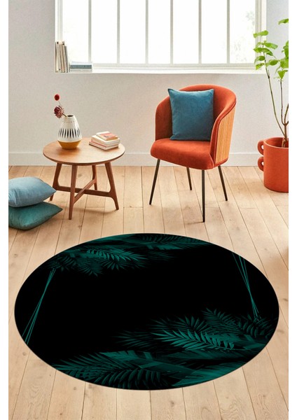 Modern Yaprak Desen Dijital Kaymaz Yıkanabilir Yuvarlak Mutfak Salon Halısı Y-Modern-26-Turkuaz