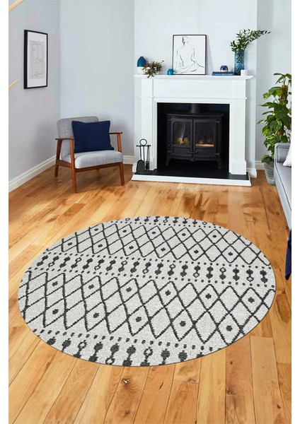 3D Kilim Desen Özel Tasarım Kaymaz Yıkanabilir Yuvarlak Mutfak Salon Halısı Y-Modern-84-Gri