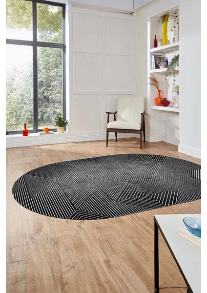 Şık Desen Baskılı Kaymaz Taban Yıkanabilir Modern Oval Yolluk Salon Halısı O-MODERN-111-ANTRASİT