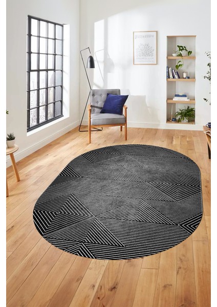 Şık Desen Baskılı Kaymaz Taban Yıkanabilir Modern Oval Yolluk Salon Halısı O-MODERN-111-ANTRASİT fiyatları