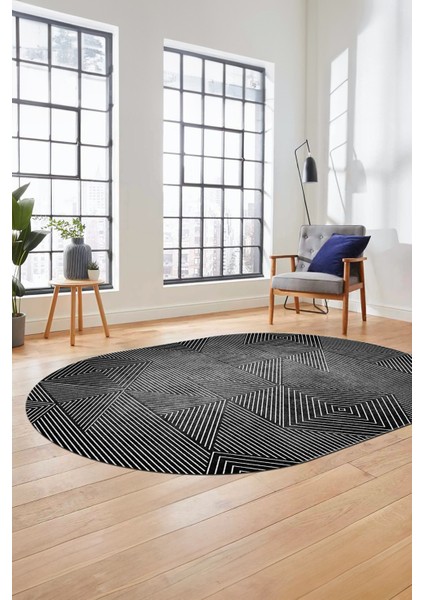 Şık Desen Baskılı Kaymaz Taban Yıkanabilir Modern Oval Yolluk Salon Halısı O-MODERN-111-ANTRASİT modelleri