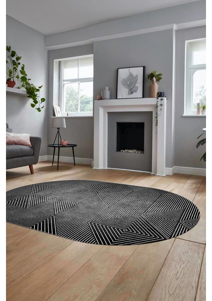 Şık Desen Baskılı Kaymaz Taban Yıkanabilir Modern Oval Yolluk Salon Halısı O-MODERN-111-ANTRASİT indirimleri