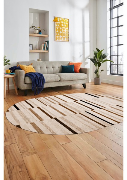 Şık Sade Kilim Desenli Dijital Kaymaz Yıkanabilir Oval Yolluk Mutfak Salon Halısı O-Modern-74-Kahve fiyatları