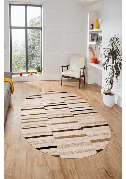 Şık Sade Kilim Desenli Dijital Kaymaz Yıkanabilir Oval Yolluk Mutfak Salon Halısı O-Modern-74-Kahve modelleri