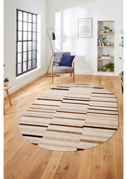 Şık Sade Kilim Desenli Dijital Kaymaz Yıkanabilir Oval Yolluk Mutfak Salon Halısı O-Modern-74-Kahve indirimleri