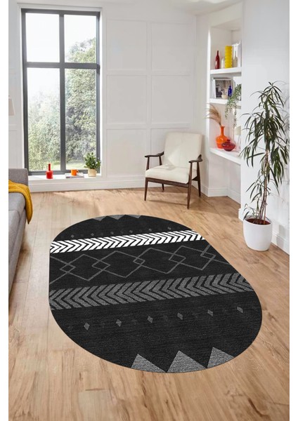 Sade Modern Kilim Desenli Dijital Kaymaz Yıkanabilir Oval Yolluk Salon Halısı O-Modern-75-Antrasit