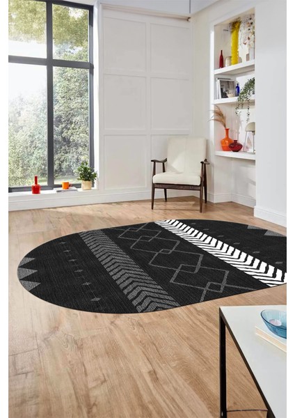 Sade Modern Kilim Desenli Dijital Kaymaz Yıkanabilir Oval Yolluk Salon Halısı O-Modern-75-Antrasit