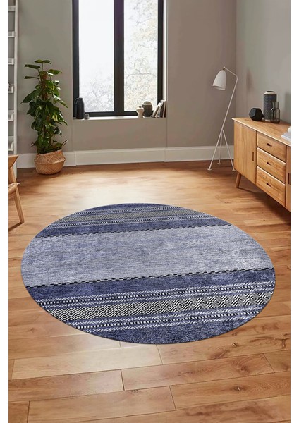 Kilim Desen Özel Tasarım Kaymaz Yıkanabilir Yuvarlak Mutfak Salon Halısı Y-Modern-83-Mavi