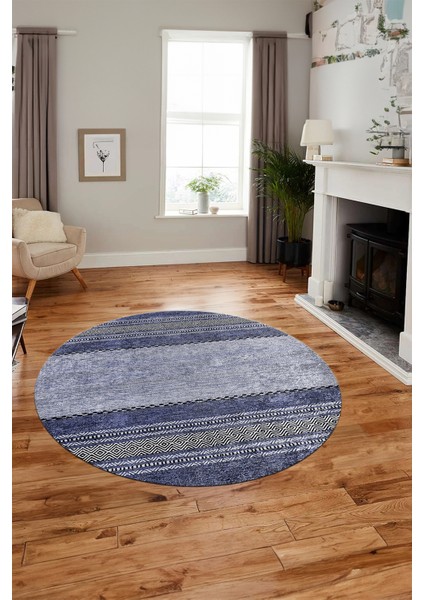 Kilim Desen Özel Tasarım Kaymaz Yıkanabilir Yuvarlak Mutfak Salon Halısı Y-Modern-83-Mavi