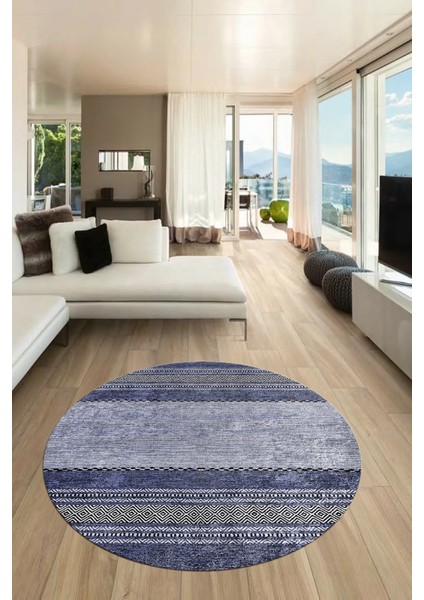 Kilim Desen Özel Tasarım Kaymaz Yıkanabilir Yuvarlak Mutfak Salon Halısı Y-Modern-83-Mavi