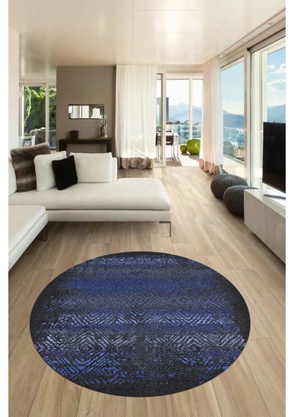 Sade Modern Desen Dijital Kaymaz Yıkanabilir Yuvarlak Mutfak Salon Halısı Y-Modern-28-Mavi