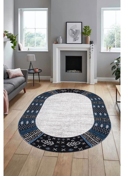 Etnik Baskılı Kaymaz Taban Yıkanabilir Oval Yolluk Mutfak Salon Halısı O-MODERN-119-MAVİ fırsatları