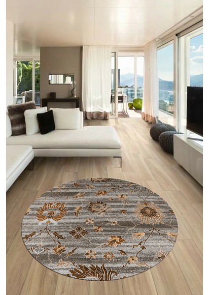 Modern Etnik Desen Dijital Kaymaz Yıkanabilir Yuvarlak Mutfak Salon Halısı Y-Modern-30-Kahve