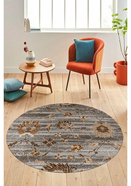 Modern Etnik Desen Dijital Kaymaz Yıkanabilir Yuvarlak Mutfak Salon Halısı Y-Modern-30-Kahve