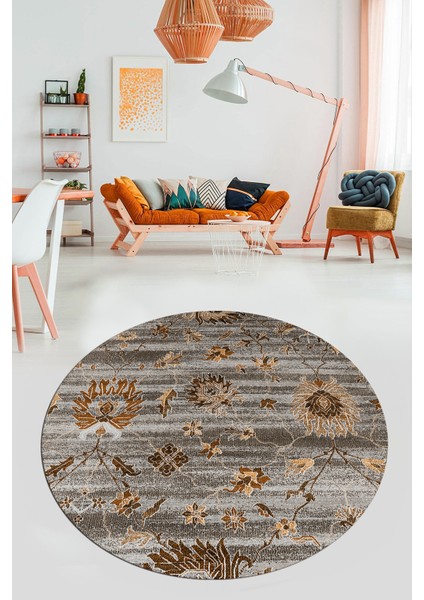 Modern Etnik Desen Dijital Kaymaz Yıkanabilir Yuvarlak Mutfak Salon Halısı Y-Modern-30-Kahve