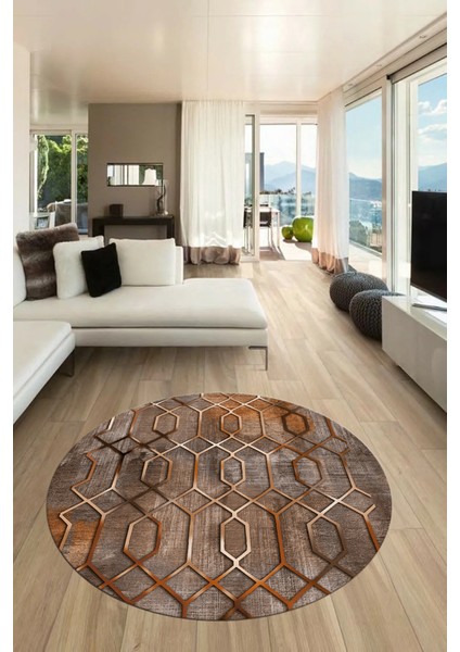 Modern Desen Dijital Kaymaz Yıkanabilir Yuvarlak Mutfak Salon Halısı Y-Modern-90-Kahve indirimleri