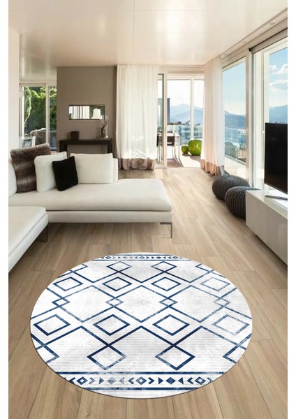 Modern Sade Desen Dijital Kaymaz Yıkanabilir Yuvarlak Mutfak Salon Halısı Y-Modern-91-Mavi fırsatları