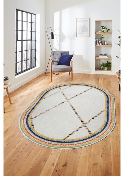 Renkli Modern Kilim Desenli Dijital Kaymaz Yıkanabilir Oval Yolluk Salon Halısı O-Modern-76-Renkli fırsatları