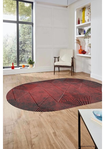 Şık Desen Baskılı Kaymaz Taban Yıkanabilir Modern Oval Yolluk Salon Halısı O-MODERN-111-BORDO