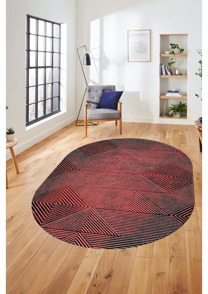 Şık Desen Baskılı Kaymaz Taban Yıkanabilir Modern Oval Yolluk Salon Halısı O-MODERN-111-BORDO