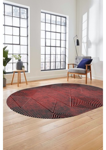 Şık Desen Baskılı Kaymaz Taban Yıkanabilir Modern Oval Yolluk Salon Halısı O-MODERN-111-BORDO