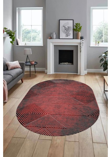 Şık Desen Baskılı Kaymaz Taban Yıkanabilir Modern Oval Yolluk Salon Halısı O-MODERN-111-BORDO