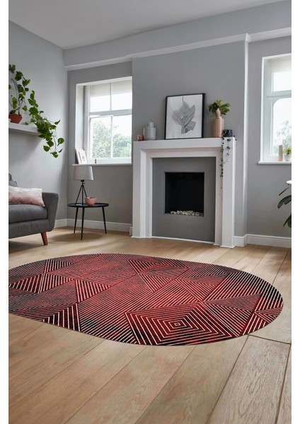 Şık Desen Baskılı Kaymaz Taban Yıkanabilir Modern Oval Yolluk Salon Halısı O-MODERN-111-BORDO