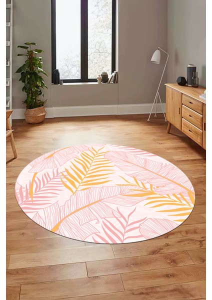 Yapraklı Baskılı Kaymaz Taban Yıkanabilir Modern Yuvarlak Salon Halısı Y-Modern-98-Pembe