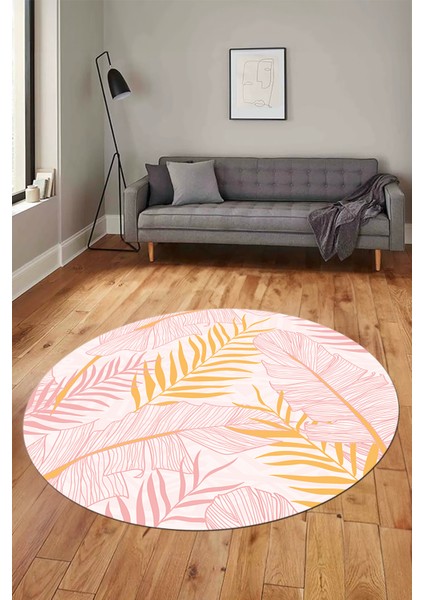 Yapraklı Baskılı Kaymaz Taban Yıkanabilir Modern Yuvarlak Salon Halısı Y-Modern-98-Pembe fiyatları