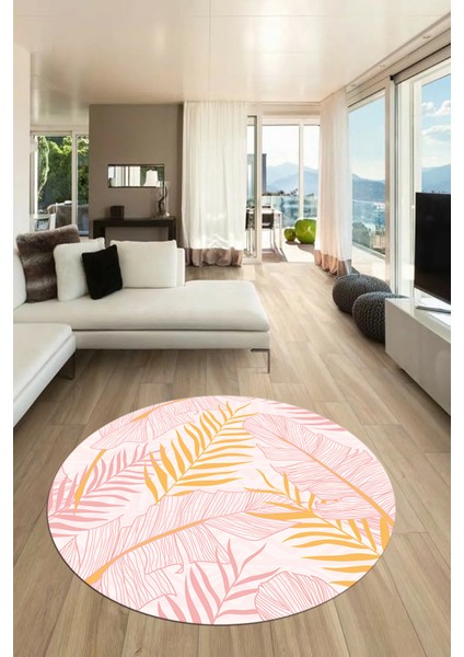 Yapraklı Baskılı Kaymaz Taban Yıkanabilir Modern Yuvarlak Salon Halısı Y-Modern-98-Pembe fırsatları
