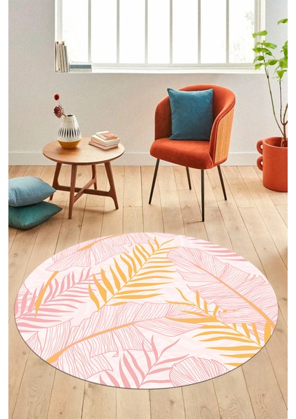 Yapraklı Baskılı Kaymaz Taban Yıkanabilir Modern Yuvarlak Salon Halısı Y-Modern-98-Pembe indirimleri