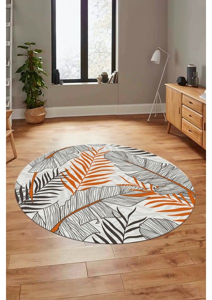 Yapraklı Baskılı Kaymaz Taban Yıkanabilir Modern Yuvarlak Salon Halısı Y-Modern-98-Turuncu