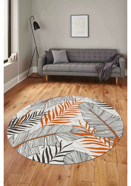 Yapraklı Baskılı Kaymaz Taban Yıkanabilir Modern Yuvarlak Salon Halısı Y-Modern-98-Turuncu fiyatları