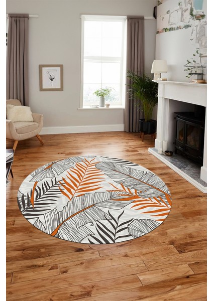 Yapraklı Baskılı Kaymaz Taban Yıkanabilir Modern Yuvarlak Salon Halısı Y-Modern-98-Turuncu modelleri