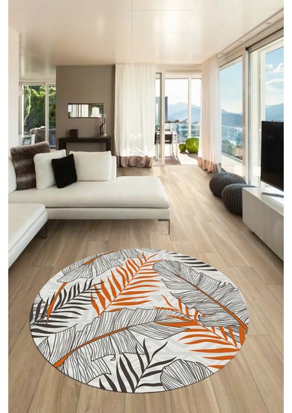 Yapraklı Baskılı Kaymaz Taban Yıkanabilir Modern Yuvarlak Salon Halısı Y-Modern-98-Turuncu fırsatları