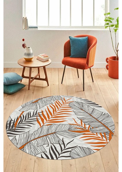 Yapraklı Baskılı Kaymaz Taban Yıkanabilir Modern Yuvarlak Salon Halısı Y-Modern-98-Turuncu indirimleri