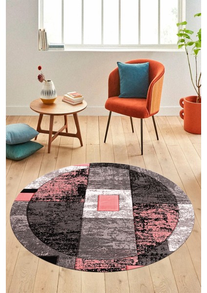 Modern Göbekli Desen Dijital Kaymaz Yıkanabilir Yuvarlak Mutfak Salon Halısı Y-Modern-33-Pembe