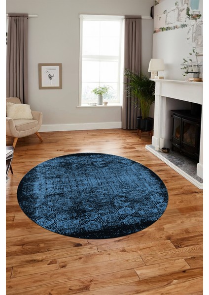Baskılı Kaymaz Taban Yıkanabilir Sade Modern Mutfak Yuvarlak Salon Halısı Y-Modern-04-Mavi