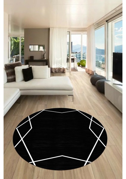 Baskılı Dekoratif Kaymaz Taban Yıkanabilir Modern Mutfak Yuvarlak Salon Halısı Y-Modern-05-Siyah