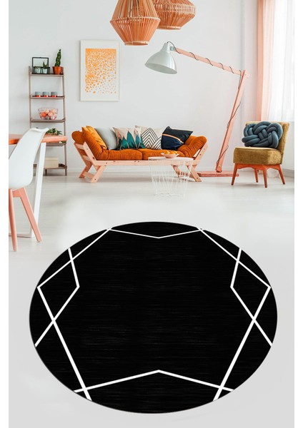Baskılı Dekoratif Kaymaz Taban Yıkanabilir Modern Mutfak Yuvarlak Salon Halısı Y-Modern-05-Siyah