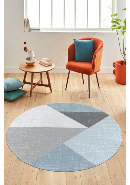 Baskılı Kaymaz Yıkanabilir Modern Yuvarlak Mutfak Salon Halısı Y-Modern-38-Mavi